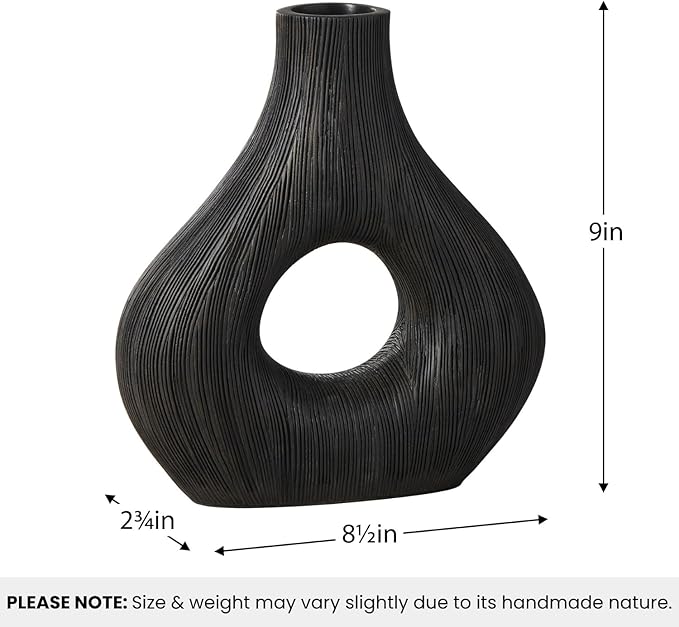 Torre & Tagus Black Donut Vase for Flowers - 9 Inch Tall Textured Vases for Centerpieces, Sculptures Home Decor & Abstract Sculptures Home Decor for Shelf Decor Aesthetic (Alma Black Flower Vase)