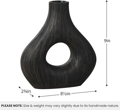 Torre & Tagus Black Donut Vase for Flowers - 9 Inch Tall Textured Vases for Centerpieces, Sculptures Home Decor & Abstract Sculptures Home Decor for Shelf Decor Aesthetic (Alma Black Flower Vase)