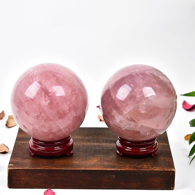 JIC Gem Large Healing Crystal Ball Pink Rose Quartz Crystal Sphere Ball with Stand Decorative Ball Home Decoration (110-120mm)