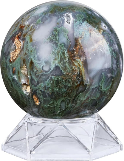 Natural Moss Agate Crystal Ball with Acrylic Display Base, 71-80mm Polished Stone Feng Shui Crystal Sphere Meditation Decoration for Home & Office
