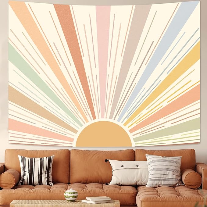 Kanuyee Boho Sun Tapestry Wall Hanging, Retro 70s Abstract Striped Aesthetic Sunrise Vintage Tapestries for Bedroom Living Room 60×80 inch