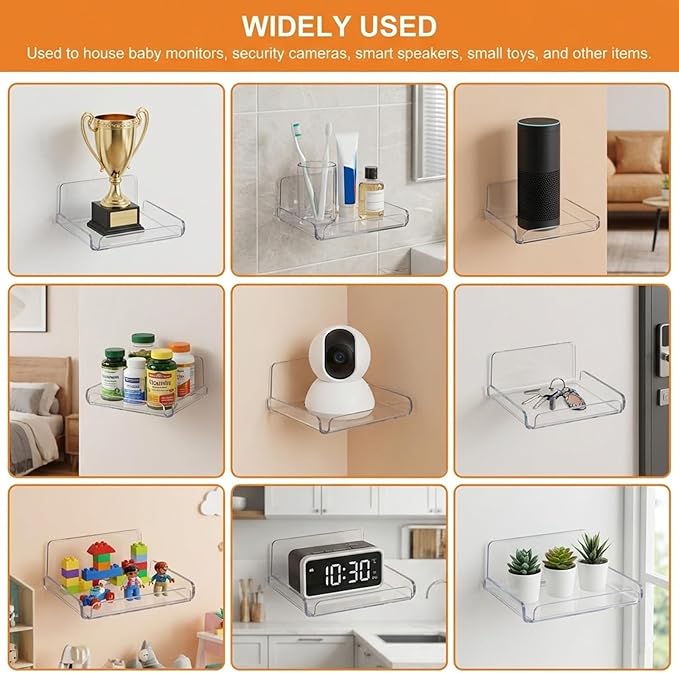 Small Floating Shelf for Wall, 4'' Mini Self Adhesive Clear Acrylic Wall Mount Shelves for Monitor Speaker Bedroom Living Room Storage & Decoration(2 Pcs)