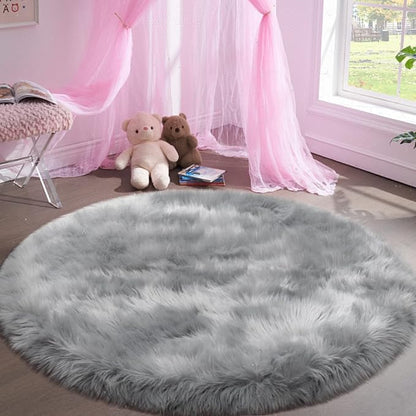 Fluffy Round Rug for Kids Room Grey Circle Faux Fur Area Rug for Bedroom, 4x4 Fuzzy Shag Rugs Furry Nursery Rug Teepee Mat, Gray Circular Plush Floor Carpet