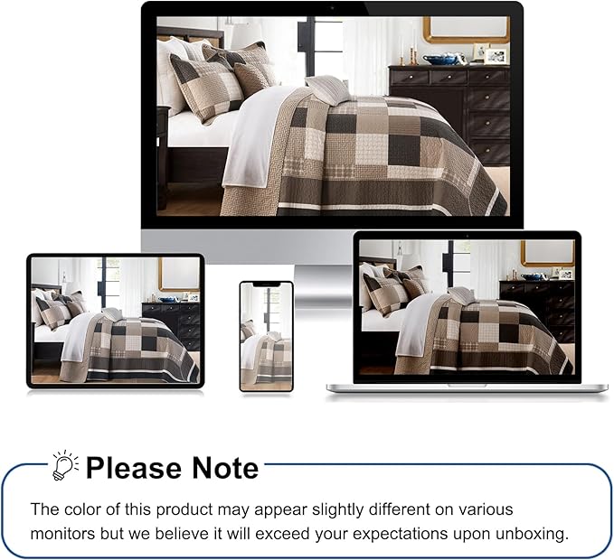 Farmhouse Queen Size Bedspread 102"x120" - 100% Cotton Lightweight Oversized Queen Quilt with 2 Pillowshams, Cottage Plaid Quilted Bedding Coverlet for All Season, 3Pcs, Brown/Beige/Oatmeal