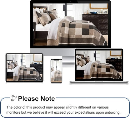 Farmhouse Oversized King Size Bedspread 120"x120" - 100% Cotton Lightweight Cal King Quilt with 2 Pillowshams, Cottage Plaid Quilted Bedding Bed Spreads Coverlet, 3Pcs, Brown/Beige/Oatmeal