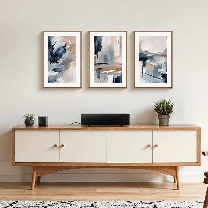 Aryroi Abstract Navy Blue Framed Canvas Wall Art Set,Neutral Brush Stroke Wall Decor,Watercolor Pastel Brown Artwork,Modern Minimalist Color Block Art Print For Living Room,Bedroom,Office-16 x24 x3