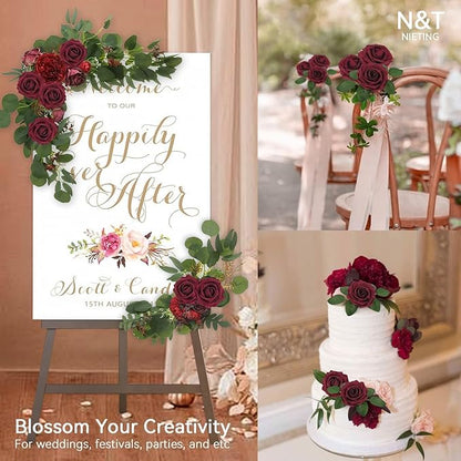 N&T NIETING Artificial Flowers, 25Pcs Fake Flowers Foam Roses with Stems Perfect DIY Wedding Bouquets Centerpieces Bridal Shower Party Valentine's Day Home Flower Arrangement Decorations, Dark Red
