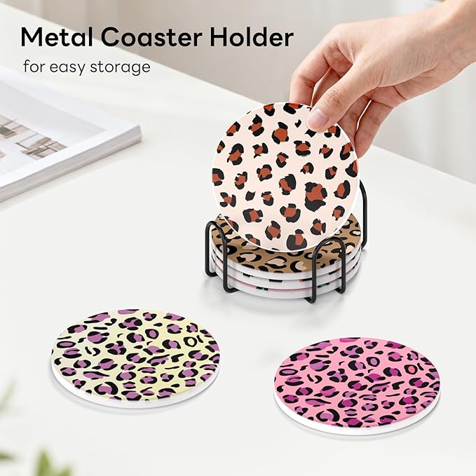 6-Piece Ceramic Coaster Set with Tray Diameter: 3.94 in Thickened Absorbent Material Heat-Resistant and Water-Absorbent Coaster Set Suitable for All Types of Cups， Leopard Print