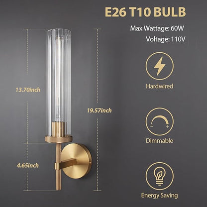 19.5" Knurled Brass Wall Sconces Set of 2, Gold Bathroom Vanity Light Fixtures with Vertical Striped Glass Tube, Modern Lamp Lighting for Bedroom, Living Room, Hallway, Staircase, Mirror, Kitchen