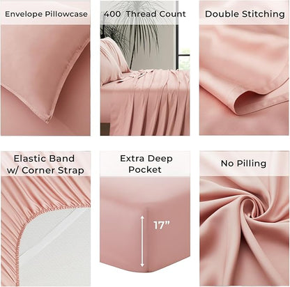 Luxury Bamboo Market | Queen Size Bed Sheet Set | 100% Viscose Made from Bamboo | Organically Grown | Ultra Soft | Cooling Sheets for Hot Sleepers | 17" Deep Pocket [Rose Quartz]