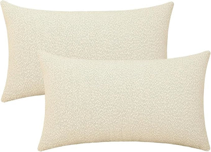 Jeneoo Ivory Decorative Lumbar Thick Throw Pillow Covers Fine Textured Boucle Couch Cushion Cases for Sofa Decor, Set of 2, 12 x 20 Inch