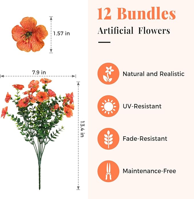 Orange Fall Artificial Flowers for Outdoors Decorations, 12 Bundles Faux Fall Mums Flowers, UV Resistant Realistic Silk Daisy with Eucalyptus for Home Decor Garden Planters Patio Yard Balcony