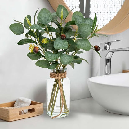 Briful Artificial Eucalyptus Stems in Glass Vase with Faux Water, 14" Fake Plant Olive Leaves for Home Office Farmhouse Wedding Centerpiece Décor