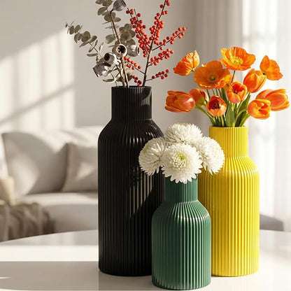 Glossy Ceramic Vase Set of 3, High-Gloss Ribbed Modern Flower Vases in Black, Green & Yellow, 5.9"/7.8"/9.8" Decorative Vases for Home Living Room Table Centerpiece