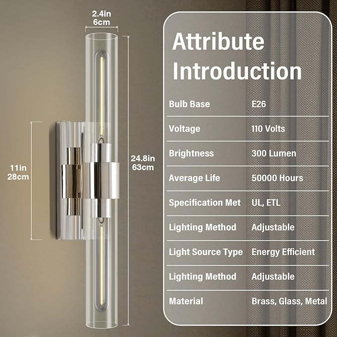 22.8in Nickel Wall Sconces Set of 2, Wall Lighting Fixtures with Clear Glass, Mounted Lamps for Bedroom, Bathroom, Living Room, Hallway
