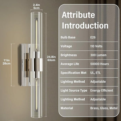22.8in Nickel Wall Sconces Set of 2, Wall Lighting Fixtures with Clear Glass, Mounted Lamps for Bedroom, Bathroom, Living Room, Hallway