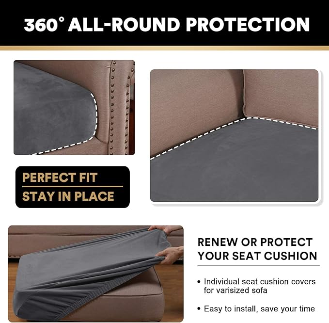 PrinceDeco Stretch Velvet Couch Cushion Covers for Individual Cushions Sofa Cushion Cover Seat, Sofa Covers Washable, Couch Seat Cushion Covers for Sectional (2 Pieces, Grey)