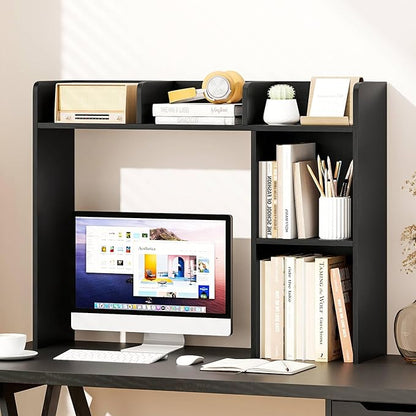 Tangkula Desktop Bookshelf, Countertop Storage Hutch with Shelves for Computer Desk, Desk 3-Tier Display Rack, Multipurpose Wood Desktop Hutch Storage Organizer for Dorm Office (Black,5 Shelves)