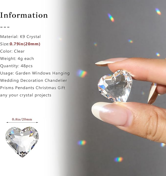 HDCRYSTALGIFTS 48pcs 20mm Clear Crystal Heart Prism Sun Catchers, Heart Prisms Rainbow Maker Chandelier Crystals, Hanging Suncatchers for Window, Garden, Home, Wedding, Glass Valentine's Day Ornaments