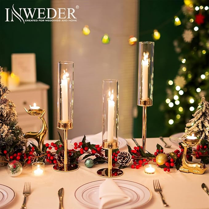 Hurricane Taper Candle Holders: Gold Glass Candlestick Holder Tall Candle Sticks Holder Decor with Glass Cover for Wedding Table Centerpiece Party Birthday Christmas Home Mantel Set of 6