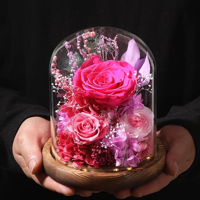 LOVENFOLD Flowers for Delivery Preserved Flowers with LED Light in a Glass Dome,Long Lasting Forever Roses Birthday Gifts for Women Daughter Mom Wife Friend（Reddish Rose）