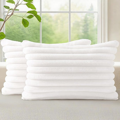 decorUhome Faux Fur Spring Throw Pillow Covers 12x20 Set of 2, Decorative Soft Plush Striped Lumbar Neutral Couch Pillow Covers with Velvet Back for Sofa, Bed, Living Room Home, White