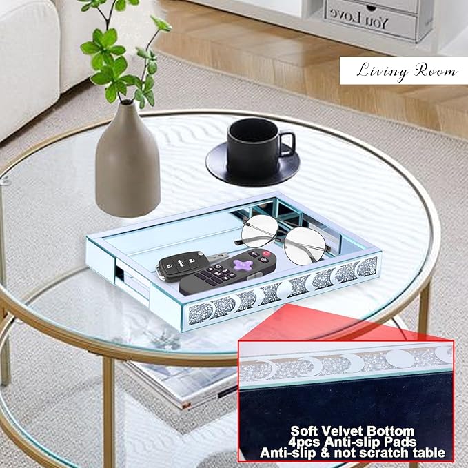 Crush Diamond Mirror Perfume Tray, Silver Glass Mirror Trays for Vanity, Table Trays Decorative, Moon Phase Pattern Vanity Trays for Bedroom Dresser Bathroom(15”x11”x2”)