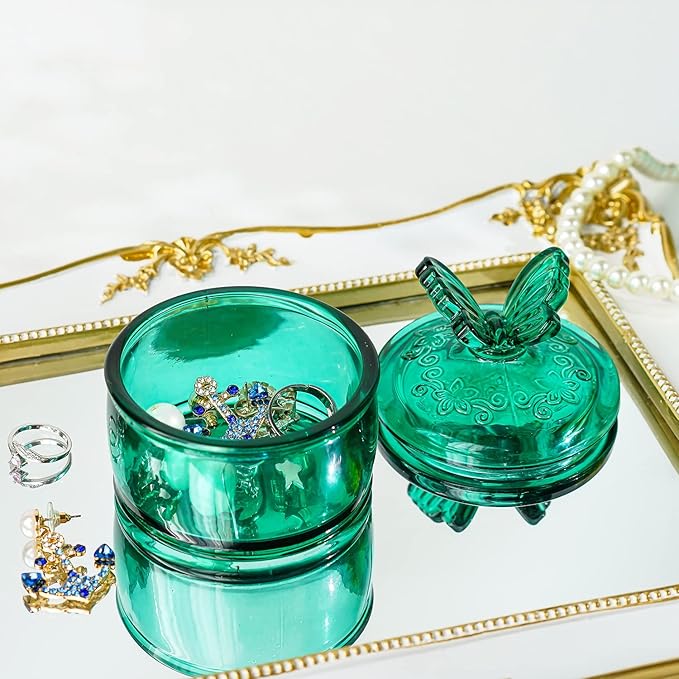kanpura Green Embossed Glass Jar with Lid,Crystal Glass Candy Dish,Candy Jars Jewelry Box for Christmas Party Buffet, 3.5 oz