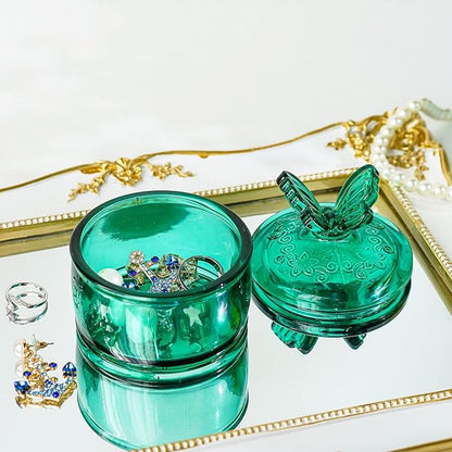 kanpura Green Embossed Glass Jar with Lid,Crystal Glass Candy Dish,Candy Jars Jewelry Box for Christmas Party Buffet, 3.5 oz