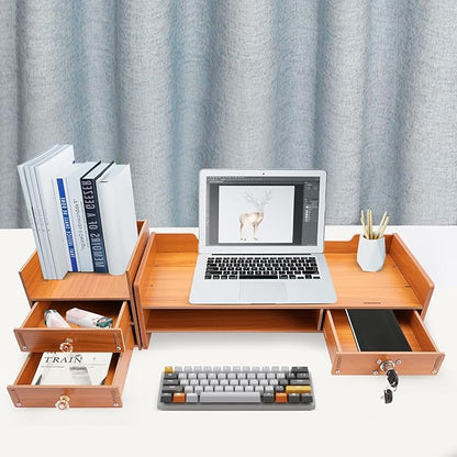 Wood Monitor Stand Riser with 3 Drawers & Lockable Storage – Desktop Organizer for Computer, Laptop, and Office Supplies, Ergonomic Monitor Stand for Desk, Workspace Organizers & Accessories