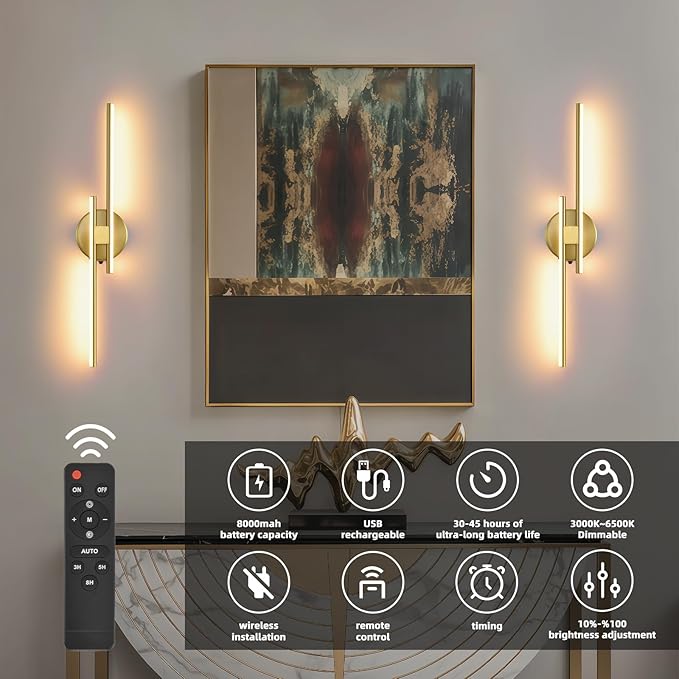 Battery Operated Wall Sconce Set of 2,Gold 23.6" 3000K-6500K LED Dimmable Wall Sconces with Remote Control,Wireless Wall Light USB Rechargeable for Bedroom Hallway Living Room Background Wall Lighting