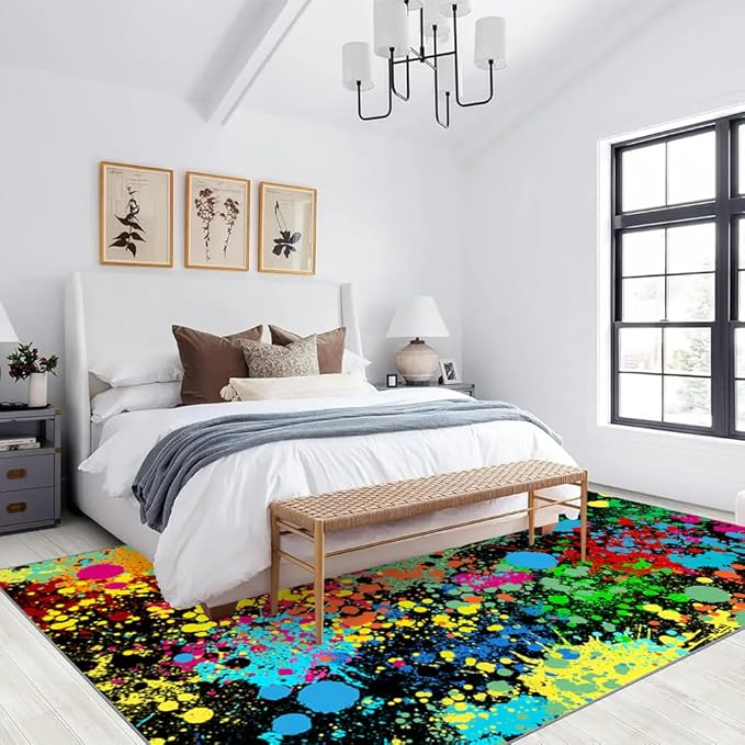 Grunge Paint Splatter Rug 5x8 Area Rugs Abstract Colorful Graffiti Rugs Ultra Soft Non Slip Washable Low Pile Carpet for Gameroom Bedroom Living Room Kids Room Playroom Home Decor