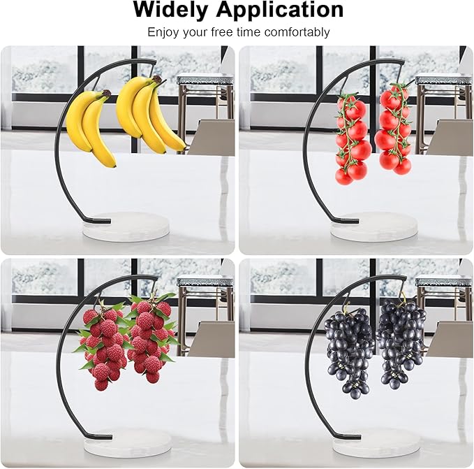 Livabber Banana Holder with Marble Base, Metal Banana Hanger Modern Tree Stand with Hook, Stylish Banana Keeper Fresh Fruit Storage Organizer Freestanding for Kitchen Countertop (Black, Double Hook)