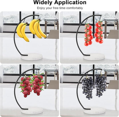 Livabber Banana Holder with Marble Base, Metal Banana Hanger Modern Tree Stand with Hook, Stylish Banana Keeper Fresh Fruit Storage Organizer Freestanding for Kitchen Countertop (Black, Double Hook)