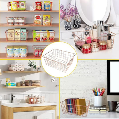 4 Pack Wire Baskets for Pantry Metal Wire Freezer Organizer Bins with Handles, Metal Basket Rose Gold Wire Baskets for Storage Organizing Office, Kitchen Cabinets, Bathroom, Countertop