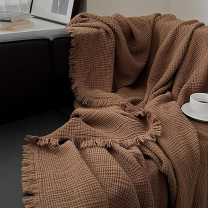 100% Cotton 4-Layer Muslin Blanket with Fringes, 50"x60", Brown Throw Blanket, Ultra-Soft Gauze Blanket, Boho Bedding for All Seasons, Breathable for Couch, Bed(Brown,Throw)