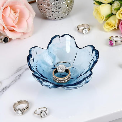Crystal Blue Flower Ring Dish Jewelry Tray, Decorative Glass Trinket Dish, Modern Accent Tray for Vanity