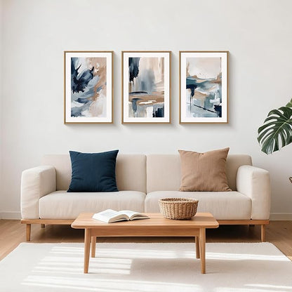 Aryroi Abstract Navy Blue Framed Canvas Wall Art Set,Neutral Brush Stroke Wall Decor,Watercolor Pastel Brown Artwork,Modern Minimalist Color Block Art Print For Living Room,Bedroom,Office-16 x24 x3