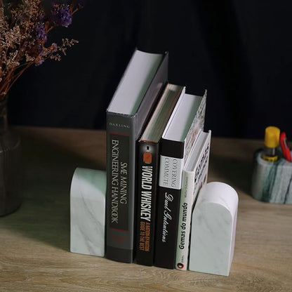 Koville Luxury Greek Marble Bookends for Shelves, Decorative Book Ends, 7lbs Heavy-Duty Marble Book Holders, Bookshelf Apartment Decor for Normal Books/CD/Video Games(Volakas)