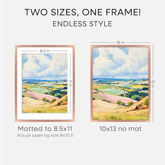 Homeforia 10x13 Picture Frame Rose Gold, High End Metal 10x13 Wall Hanging Frame with Mat 8.5x11, 10 x 13 Poster Frames Matted to 8.5 x 11 inch Photo, 10by13 Frames, Tempered Glass, Wall Kit, Set of 1