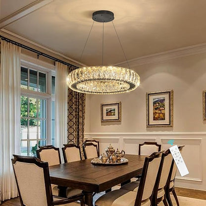 Modern Chandelier Crystal LED Dimmable Ring Pendant Lights Adjustable Hanging Lighting Chandeliers Fixtures for Dining Room Bedroom Kitchen Island Table Black Light