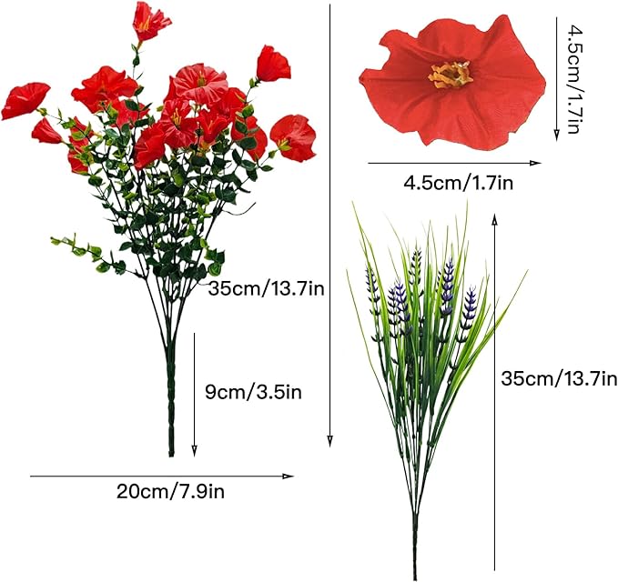 Artificial Silk Flowers for Outdoor Decoration,12 Bundles Faux Flowers Colorful Morning Glory with Eucalyptus Fake Plants Greenery UV Resistant for Outside Front Door Planter Porch Patio Yard
