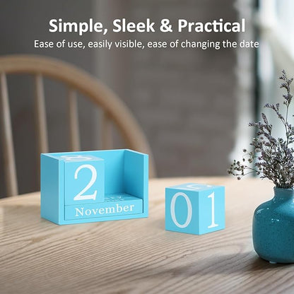 Wooden Block Calendar for Desk, Large Size Daily Desktop Perpetual Desk Calendar, Cute Date Display Desk Accessories for Home Office Decor, Teacher, Classroom, Reusable Yearly, Blue