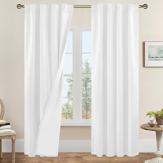 LAMIT White 100% Blackout Linen Curtains 84 Inches Long, Linen Textured Living Room Bedroom Curtains Full Room Darkening Back Tab and Rod Pocket Panels with White Liner, 2 Panels, 38 x 84 Inch