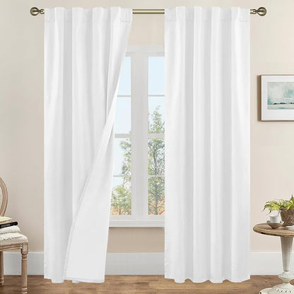 LAMIT White 100% Blackout Linen Curtains 84 Inches Long, Linen Textured Living Room Bedroom Curtains Full Room Darkening Back Tab and Rod Pocket Panels with White Liner, 2 Panels, 38 x 84 Inch