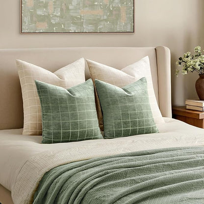 MIULEE Decorative Chenille Check Throw Pillow Covers Vintage Plaid Couch Pillows 20x20 Inch Set of 2 Neutral Boho Farmhouse Cushion Covers Modern Spring Home Decor for Sofa Bed Living Room Sage Green