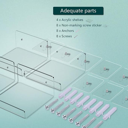 Floating Acrylic Shelves, 4x4 Inch Clear Wall Shelves, Small Plant Display Stand (No Drill Shelf, 4 Pack)