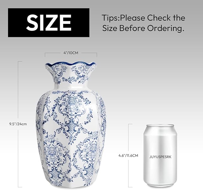 Chinoiserie Vase,9.5 inch Blue and White Vase,Vintage Ceramic Vases,Flower Vase for Centerpiece,Chinese Cute Vases for Living Room, Office,Home Decor (Blue White, Large)