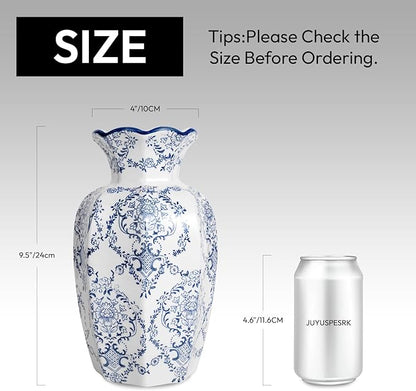 Chinoiserie Vase,9.5 inch Blue and White Vase,Vintage Ceramic Vases,Flower Vase for Centerpiece,Chinese Cute Vases for Living Room, Office,Home Decor (Blue White, Large)