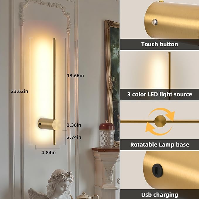 Battery Operated Wall Sconce USB Rechargeable Sconces, 23.6" Brushed Gold Wireless Wall lamp Set of 2, 3000K-6000K & Dimming with Remote Control, LED Wall Lights for Living Room, Bedroom
